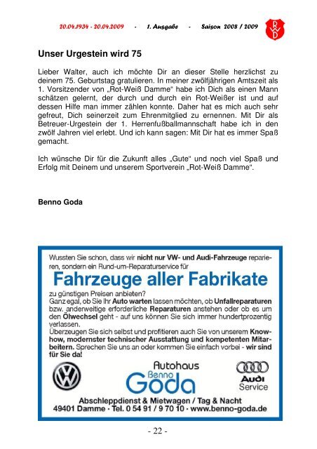 2009.04.20 Sonder-Kurier Frisch Ausgabe 1 - Rot Weiss Damme