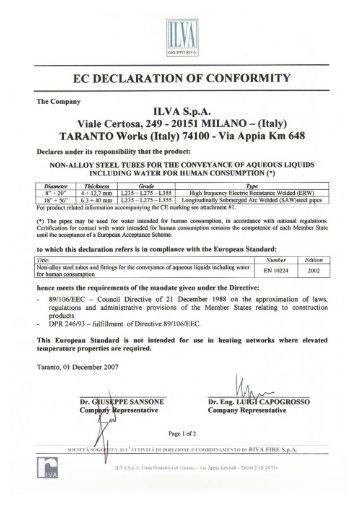 EC Declaration of Conformity - EN 10224-1 - Ilva Taranto