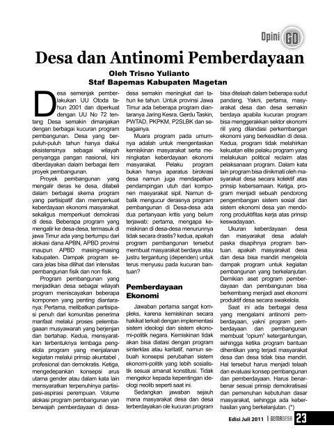 Buletin Gema Desa edisi Juli 2011 - Bapemas Prov Jatim - Jawa Timur