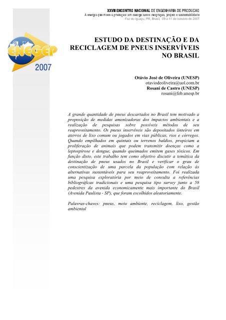 estudo da destinação e da reciclagem de pneus inservíveis no brasil