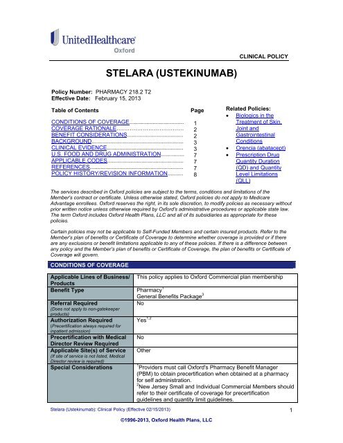 STELARA (USTEKINUMAB) - Oxford Health Plans