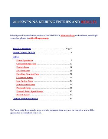 2010 KWPN-NA KEURING ENTRIES AND RESULTS