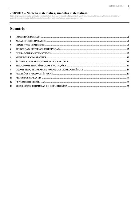 Notação Matemática, guia do estudante (MAT) - guidg.com