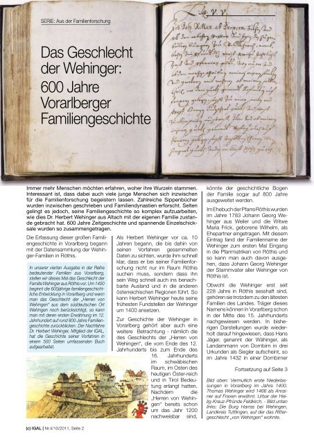 600 Jahre in Vorarlberg: Die Familie Wehinger Schwäbischer - IGAL