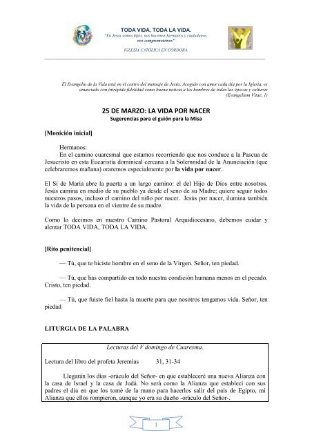 Guion para la Misa de la vida por nacer. - Pastoral Social