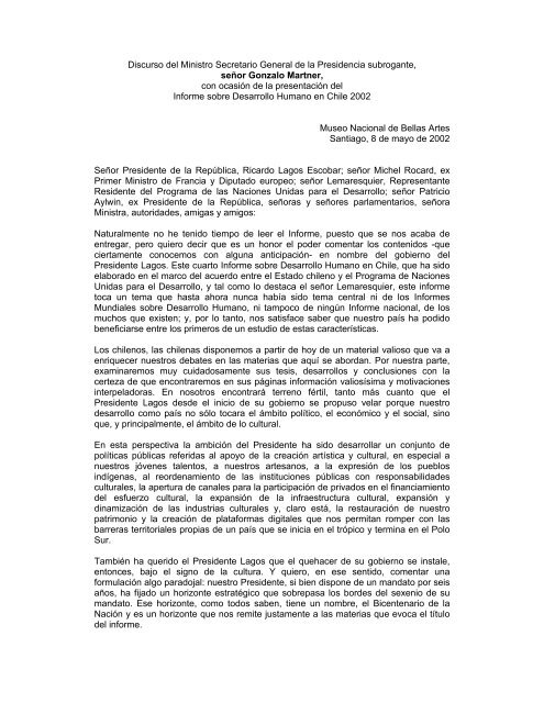 Discurso del señor Gonzalo Martner, Ministro Secretario General de ...