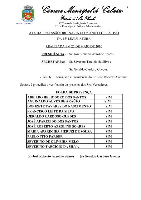 17ª Sessão Ordinária - Câmara Municipal de Cubatão