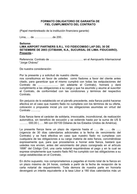 FORMATO OBLIGATORIO DE CARTA FIANZA - Aeropuerto 