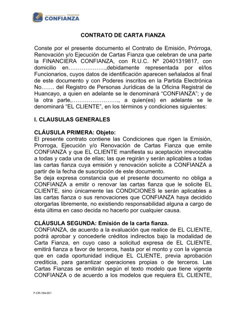 Contrato De Carta Fianza Financieraconfianza Pe