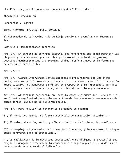 LEY 4170 - Régimen De Honorarios Para Abogados Y ... - Justia