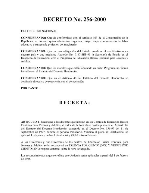 Reformas del Estatuto del Docente Hondureño - Secretaría de ...
