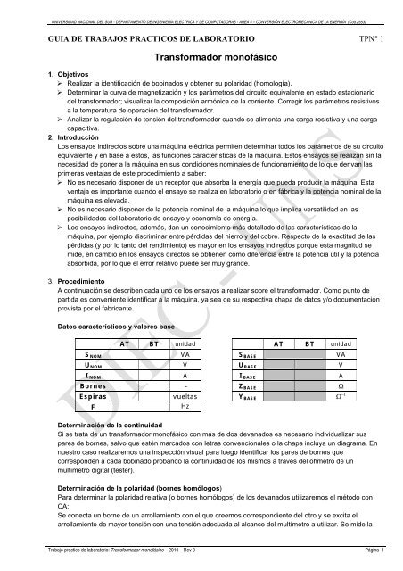 TPL1 - Ensayo Transformador Monofásico - Departamento de ...