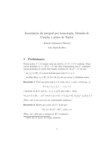 Invariância da integral por homotopia, fórmula de Cauchy e ... - Impa