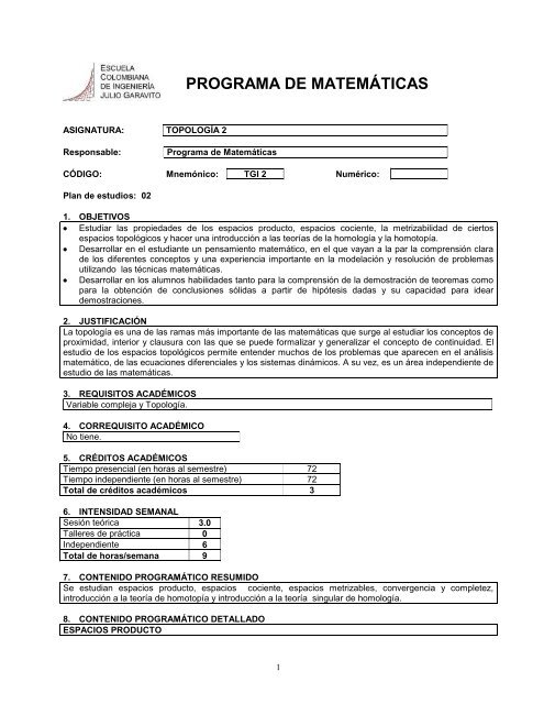 programa de matemáticas - Escuela Colombiana de Ingeniería