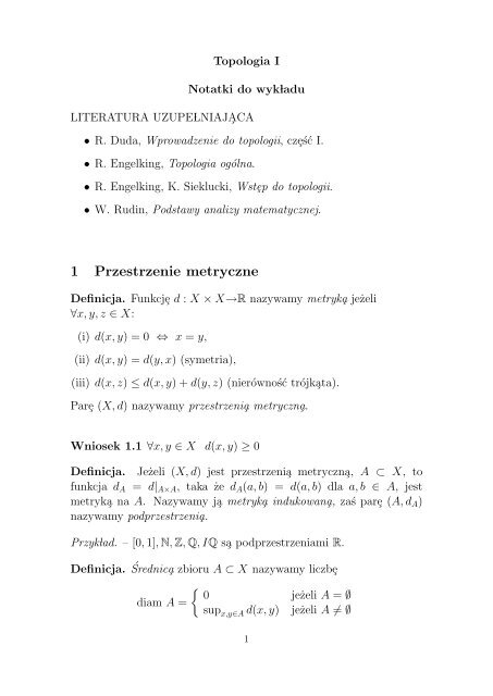 1 Przestrzenie metryczne - Instytut Matematyki UG