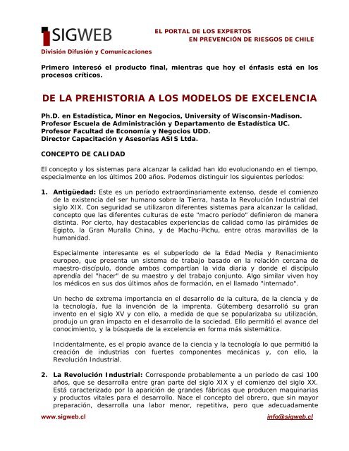 De la prehistoria a los modelos de excelencia en Gestión - Sigweb