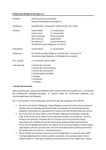 Protokoll Mitgliederversammlung 2007 - Rollsportclub Bietigheim ...
