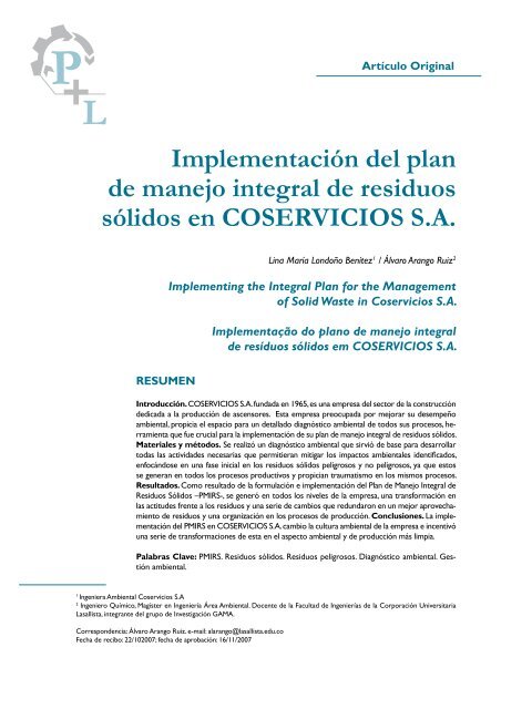 Implementación del plan de manejo integral de residuos sólidos en ...