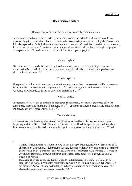 Anexo III, Apéndice IV, Declaración en Factura - Sofofa