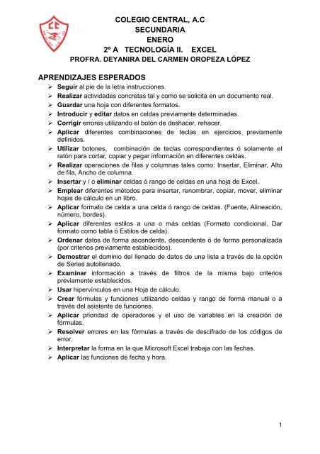 4. Enero. APRENDIZAJES ESPERADOS Excel - Colegio Central