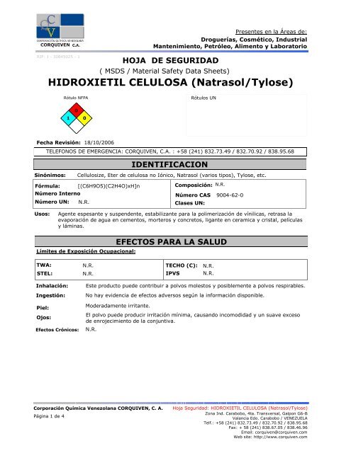 HIDROXIETIL CELULOSA (Natrasol/Tylose) - Corporación Química ...