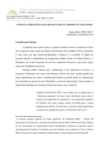 O ÉPICO E O DRAMÁTICO EM ARIANO SUASSUNA: - Cielli