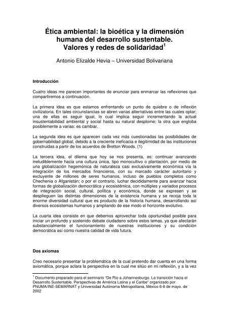 Ética ambiental: la bioética y la dimensión humana del desarrollo ...