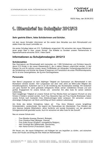 Informationen zu Schuljahresbeginn 2012/13 - Gymnasium am ...