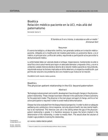 Bioética Relación médico-paciente en la UCI, más allá del ...