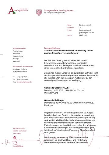 Pressemitteilung zu den Einwohnerversammlungen - Amelinghausen