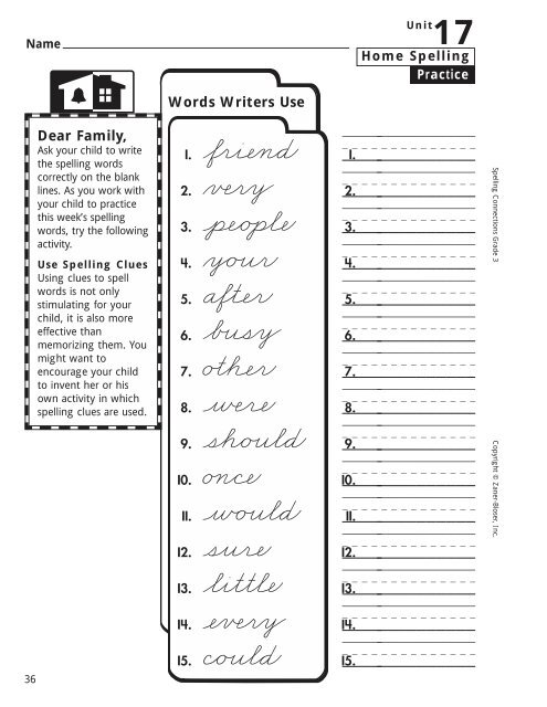 Home Spelling Practice Book pages 2-75 Homework ... - Zaner-Bloser