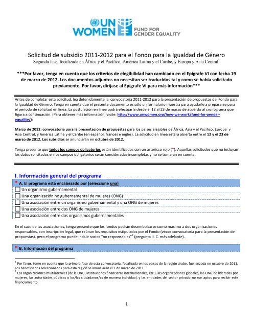 Fund for Gender Equality Grant Application 2011-2012 - UN Women