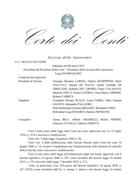 Sezione delle Autonomie - Delibera n. 11/2013 ... - Corte dei Conti