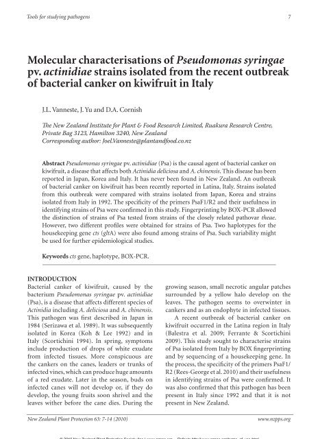 Molecular characterisations of Pseudomonas syringae pv. actinidiae ...