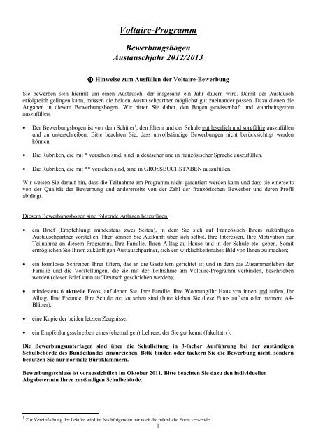 Voltaire-Programm Bewerbungsbogen Austauschjahr 2012/2013