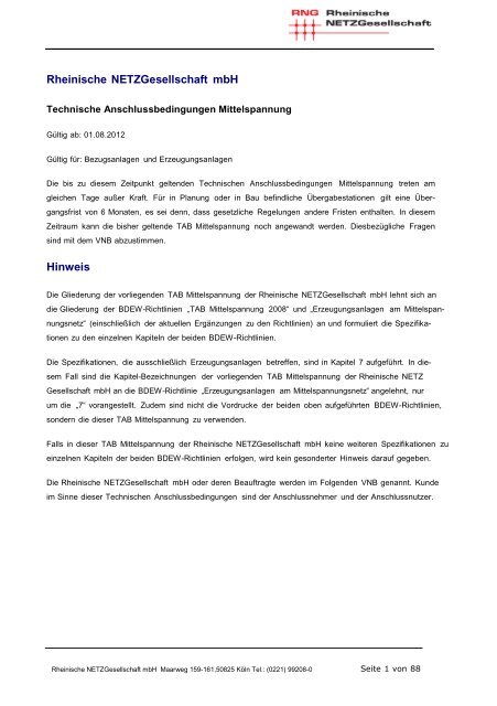 Technische Anschlussbedingungen Mittelspannung - RNG