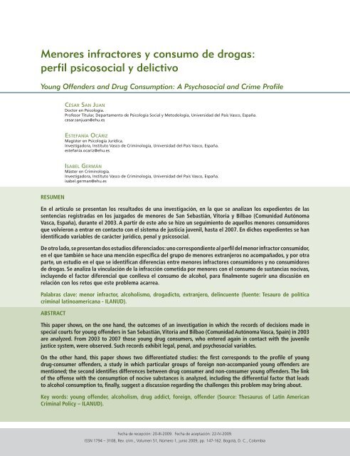 Menores infractores y consumo de drogas: perfil psicosocial y delictivo