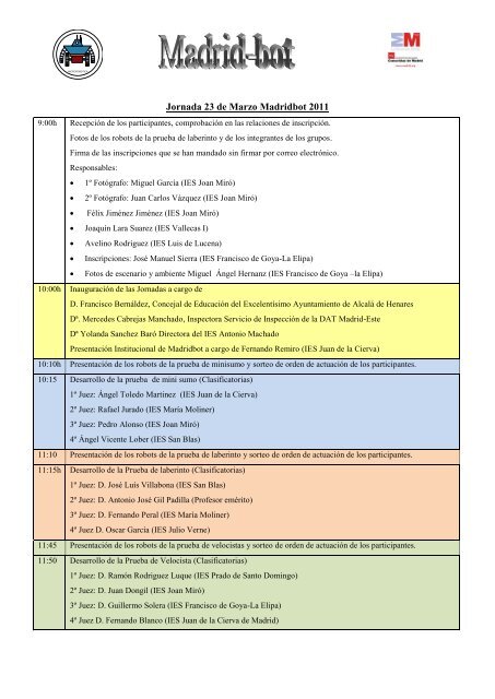 Horarios de las pruebas y actividades - Madridbot