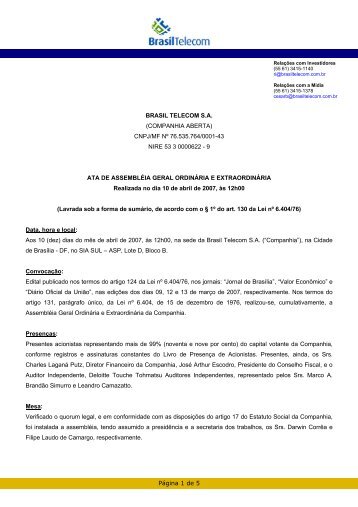 Deliberar sobre o Grupamento de Ações da Companhia - Oi