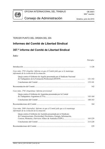 Informes del Comité de Libertad Sindical. 357.º informe del Comité ...