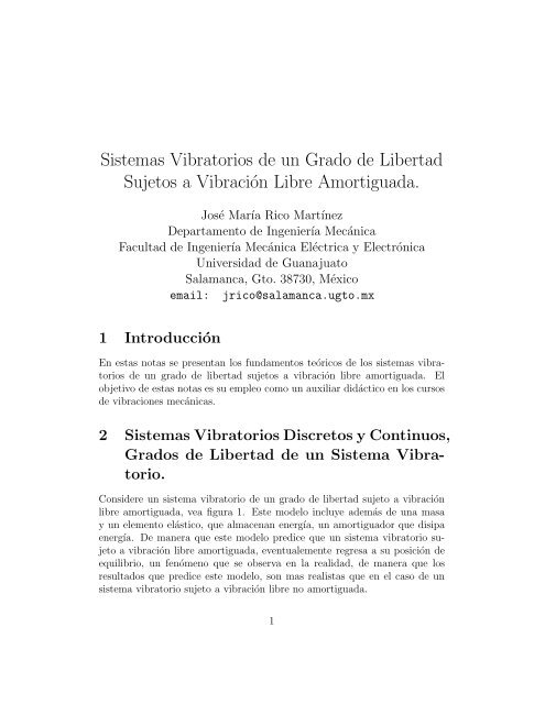 Sistema Vibratorio de un Grado de Libertad Amortiguado - fimee ...