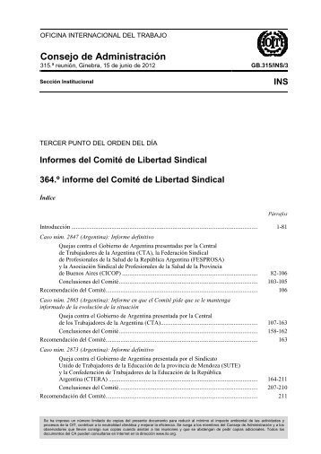 Informes del Comité de Libertad Sindical. 364.º informe del Comité ...