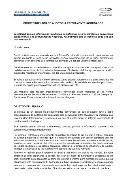 Procedimientos de auditoría previamente acordados - Carle & Andrioli