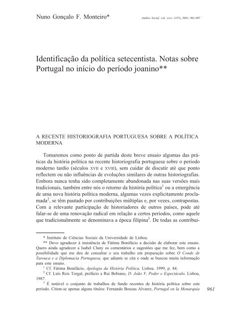 Identificação da política setecentista. Notas sobre Portugal no início ...