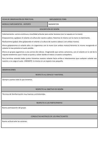 FICHA DE OBSERVACIÓN DE PRÁCTICAS. IMPLEMENTOS TENIS ...