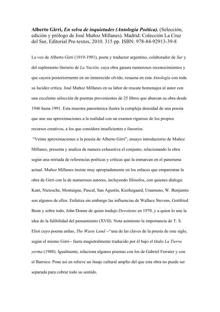 Alberto Girri, En selva de inquietudes (Antología Poética ...