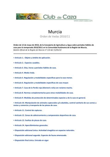 Orden de Vedas de Murcia 2010/2011 - Licencias de Caza y Pesca