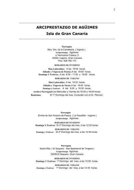 Horario de misas del arciprestazgo de Agüimes. Isla - Diócesis de ...