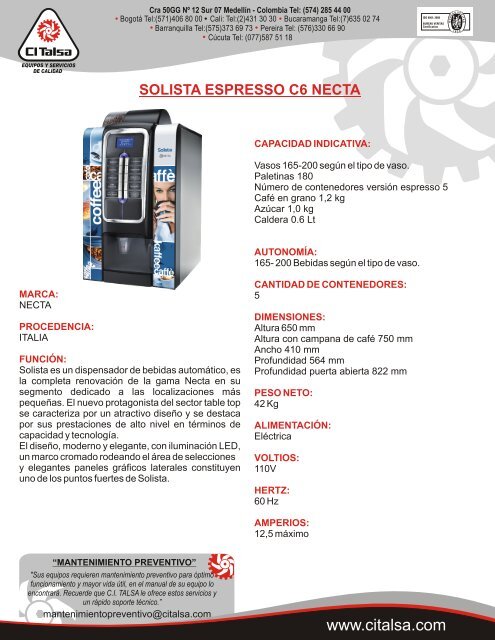 solista espresso c6 necta [06301059] - CI Talsa