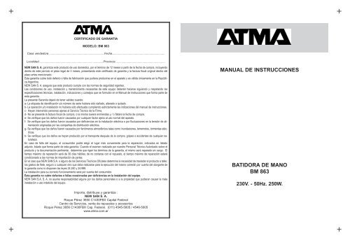 MANUAL DE INSTRUCCIONES BATIDORA DE MANO BM 863 - Atma